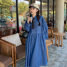 现货慵懒宽松牛仔连衣裙配领带，女装连衣裙，菡迪欧娜