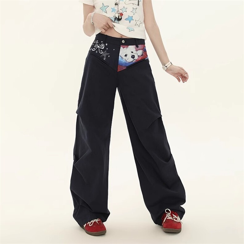 N1118-P53猫咪小狗拼接印花褶皱原版水洗休闲裤，男装休闲裤，电商B323A