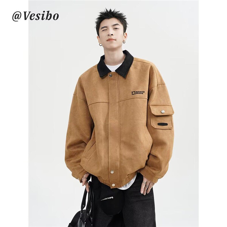 风撞色翻领工装夹克男春季美式复古麂皮绒外套设计感宽松上衣，男装夹克，星座506A