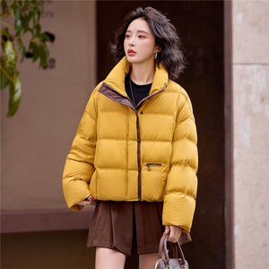 现货黄色撞色羽绒服女2025冬季新款小个子冬装外套150图片