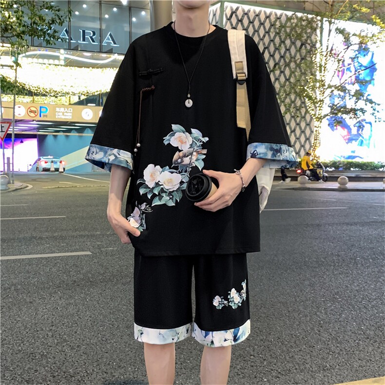 新中式风两件套夏季新中式禅意短袖t恤男套装A436-D221-P52,男装休闲套装,电商A436