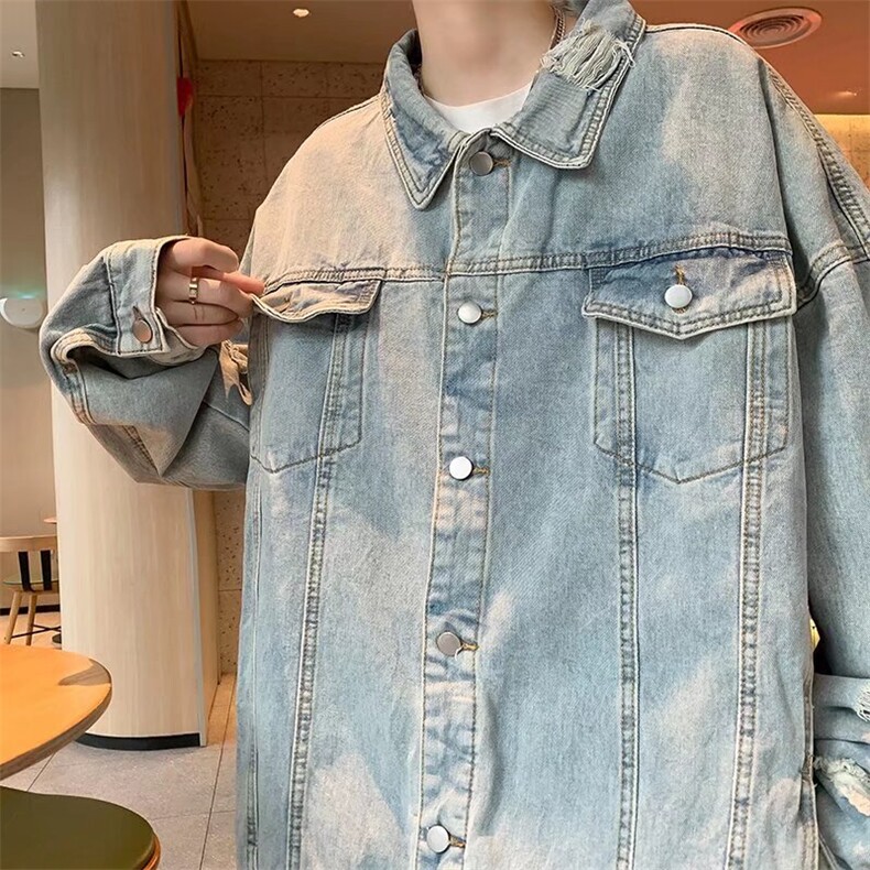 新款破洞牛仔外套男春秋季胖子大码休闲上衣港风工装夹克 W153图片