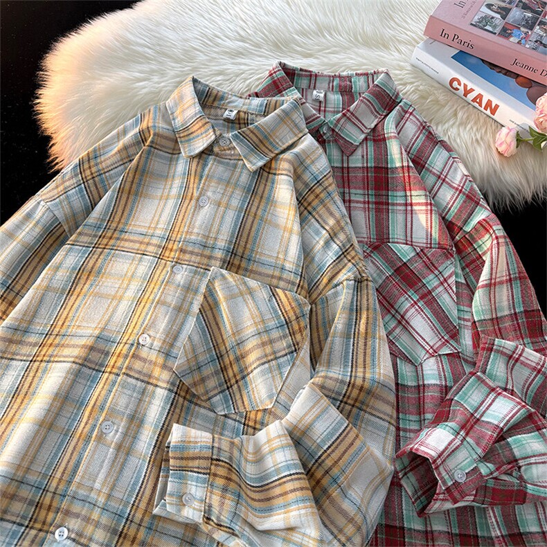 衬衫男春季新款港风宽松磨毛格子长袖衬衣CS602-特P28无差价，男装衬衫，星座214-3