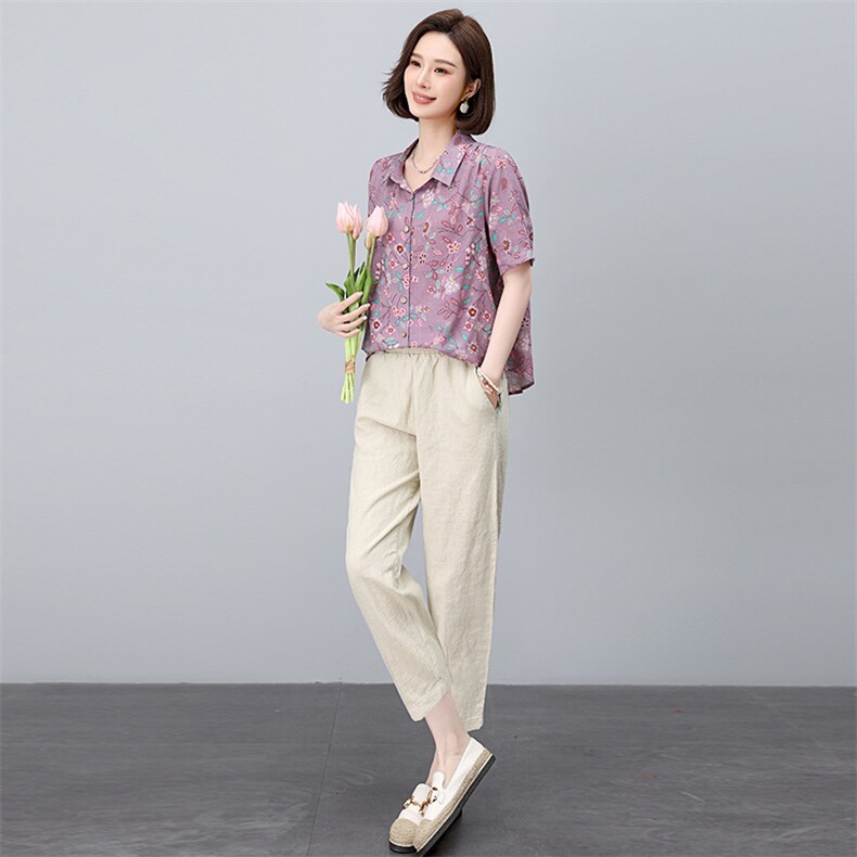 时尚印花衬衫棉麻套装女2025夏季新款中年妈妈洋气减龄亚麻两件套,女装套装/套裙,依恋蒂丝
