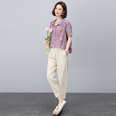 时尚印花衬衫棉麻套装女2025夏季新款中年妈妈洋气减龄亚麻两件套，女装套装/套裙，依恋蒂丝