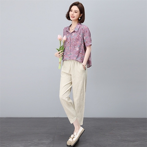 时尚印花衬衫棉麻套装女2025夏季新款中年妈妈洋气减龄亚麻两件套图片