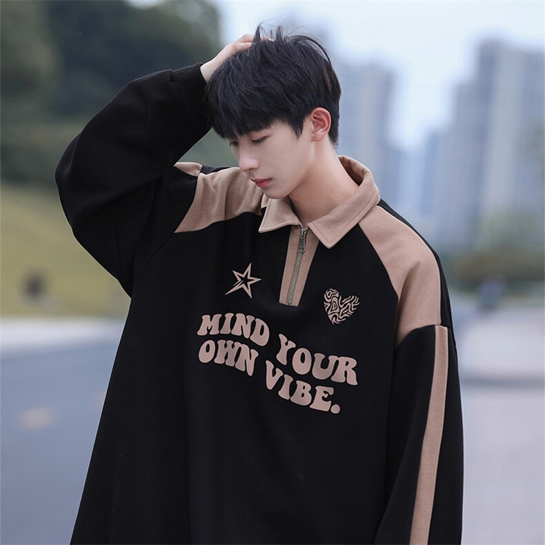 秋美式拼色翻领POLO衫休闲宽松卫衣PW2340-P50控78抖控88加绒P60,男装卫衣,电商B370