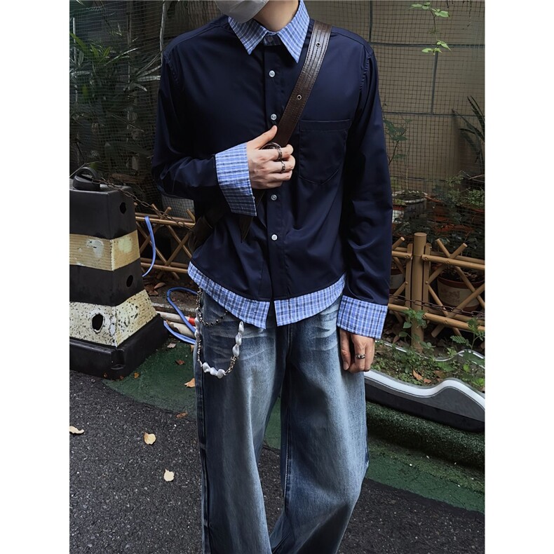 美式复古假两件长袖衬衫宽松百搭设计感T恤上衣秋W437LHJ944-P45，男装T恤，星座1008