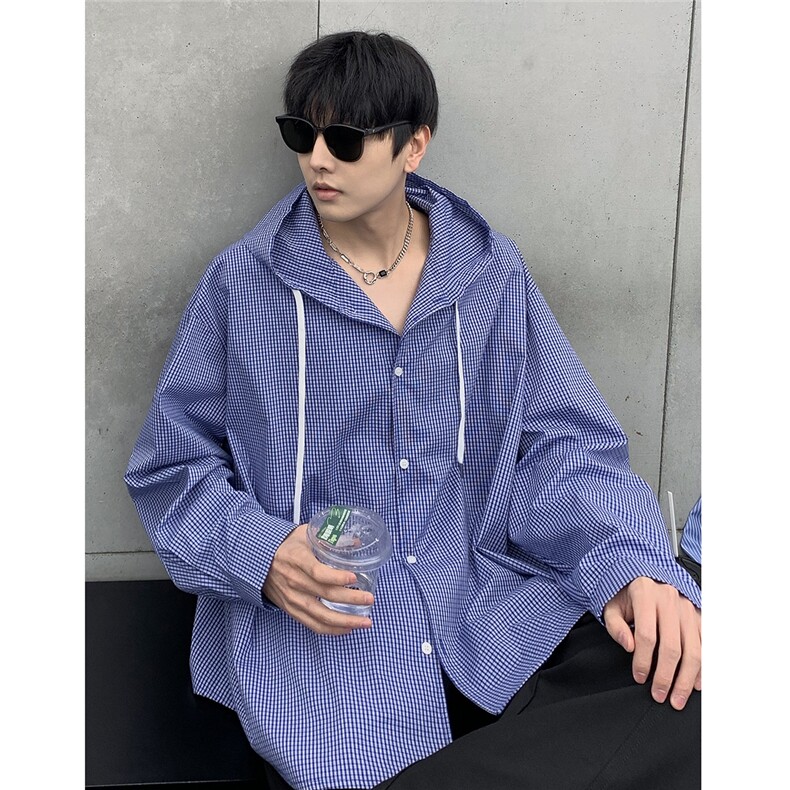 蓝色宽松格子连帽防晒衬衫男女韩版宽松开衫外套CS04-P58，男装衬衫，电商C307A