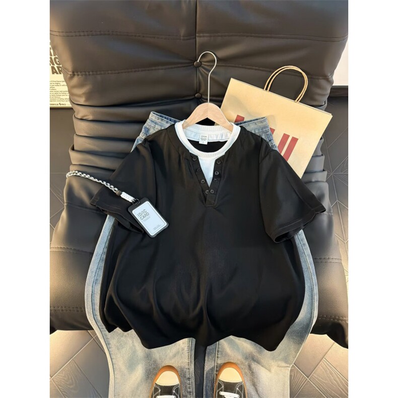 2026新款假两件v领重磅短袖T恤男夏季潮牌休闲简约百搭YY819-P35，男装T恤，电商C216