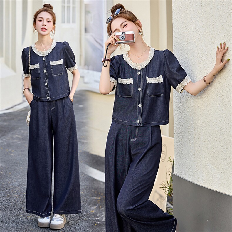 NAZ那子大码夏季新款小香风花边拼接牛仔上衣胖mm减龄半裙套装女，女装套装/套裙，悠米