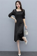 2024春装新款气质修身裙子法式千金方领收腰长袖黑色连衣裙长裙女，女装连衣裙，丽美静依