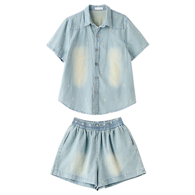 欧货夏天复古牛仔衬衫短裤套装潮2025新款女小个子休闲减龄两件套,女装套装/套裙,艾仟回(原伊仟回)