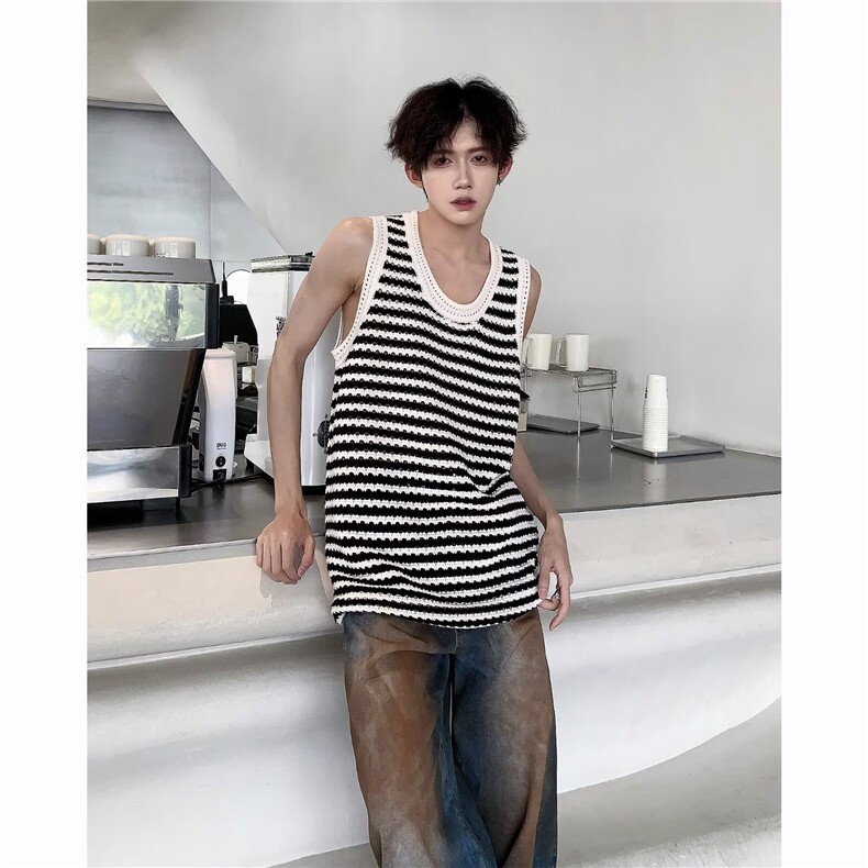 美式圆领男慵懒风休闲条纹棉针织镂空背心MY9522P32,男装背心/马甲,星座1116-2