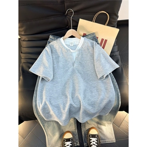 2026新款假两件v领重磅短袖T恤男夏季潮牌休闲简约百搭YY819-P35，男装T恤，电商C216