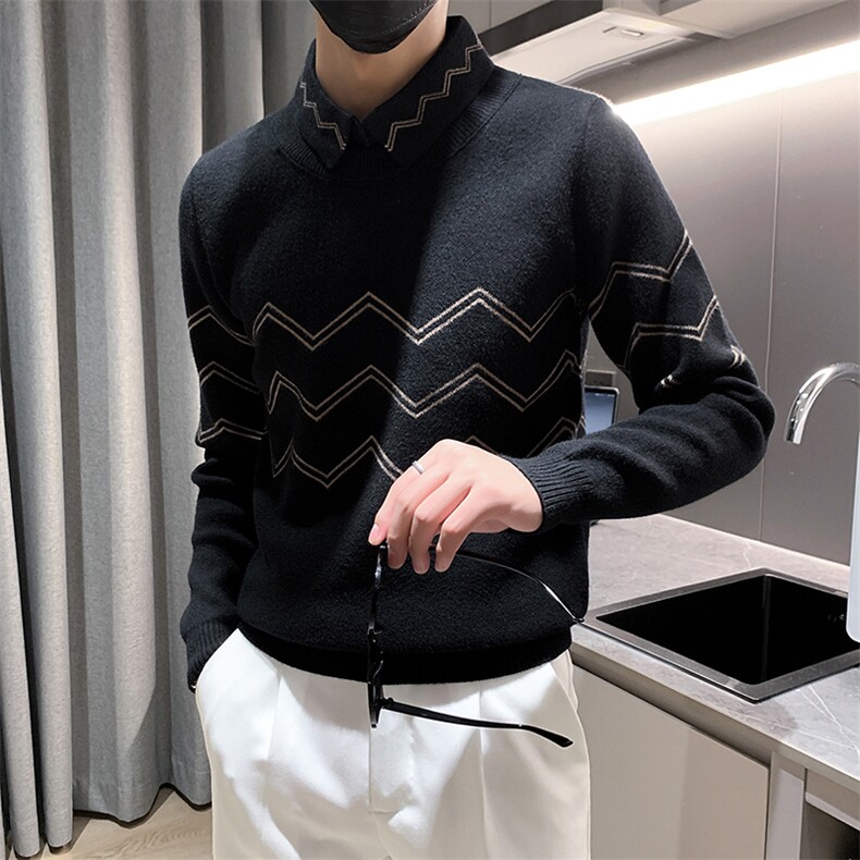 2024秋冬新款男士衬衫领套头假二件针织毛衣男301A-1/M61/P75控95,男装针织衫/毛衣,星座301A-1