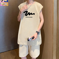 直播品质美式宽松纯棉背心无袖t恤短裤大码两件套套装TZ11-P58，男装T恤，电商A486