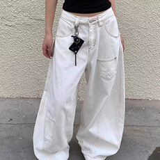 美式复古白色高腰弯刀牛仔裤女夏季高街设计感宽松显瘦垂感阔腿裤，男装牛仔裤，星座218-1（原230）