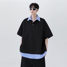 夏季潮牌高级休闲撞色拼接假两件条纹男女同款短袖POLO衫T601-P48，男装Polo衫，电商C307