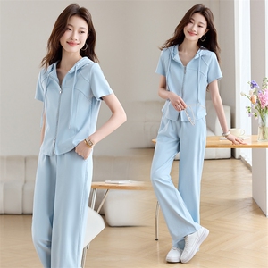 时尚休闲运动服套装女2025夏季新款连帽短袖T恤阔腿直筒裤两件套图片