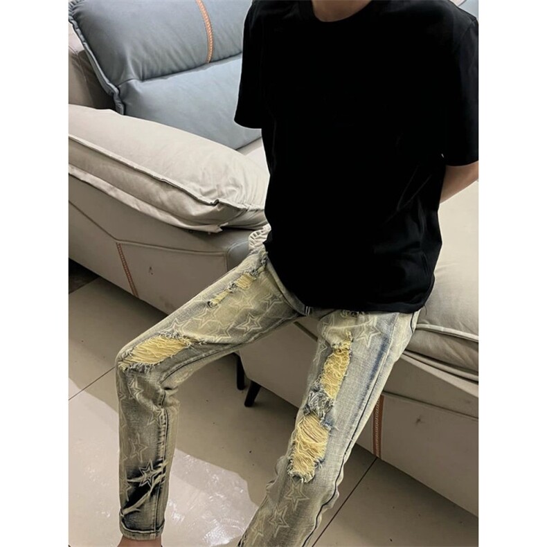 网红同款复古印花五角星牛仔裤男修身直筒欧美个性破Y洞休闲长裤,男装牛仔裤,星座506A