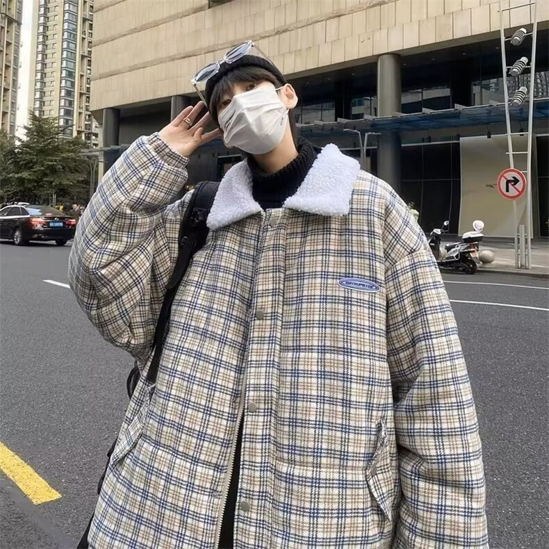 日系复古格子羊羔绒棉服男冬季ins潮牌宽松休闲加厚DWM03-P85,男装棉衣,星座1109-3