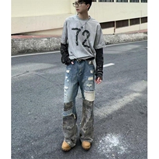 春秋季小众拼接迷彩破坏牛仔裤男复古小众拼接工装裤子NK1067，男装牛仔裤，星座1116A（原606A-3）