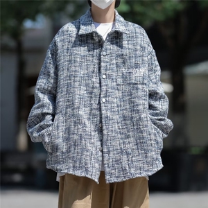 美式小香风刺绣编织外套男春秋季宽松复古千鸟格衬衣夹克 W9278图片