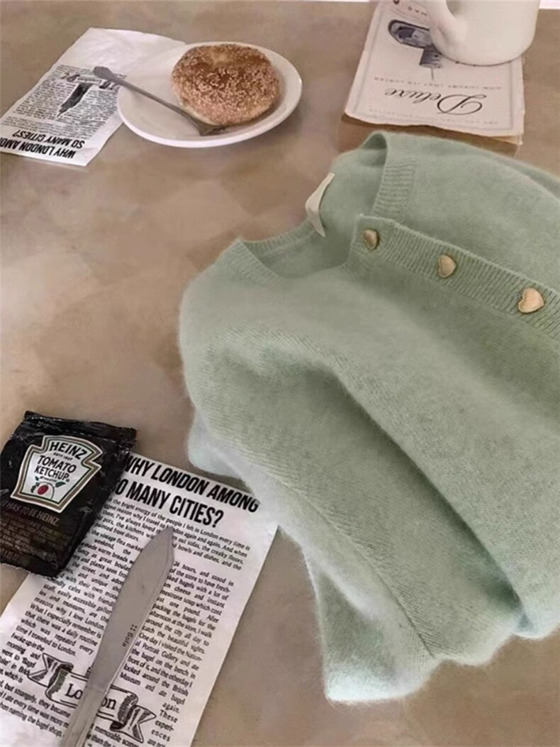温柔风粉色爱心纽扣羊毛针织开衫女短款圆领毛衣外套百搭显瘦上衣,针织衫/毛衣,美莎羊绒