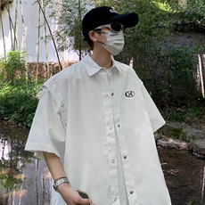 设计美式高街可拆卸POLO短袖衬衫男女宽松高级感情侣潮~CS4514，男装衬衫，星座601-2