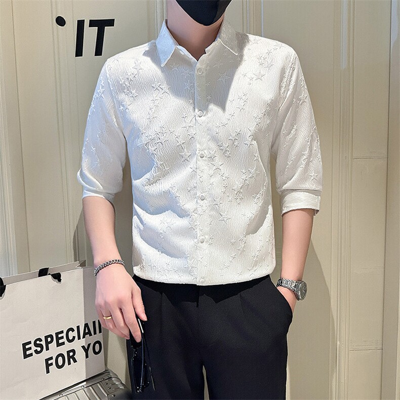 店主风社会小伙男士纯色花泡七分袖衬衫男上衣301A-1/CS561/P55,男装衬衫,星座301A-1