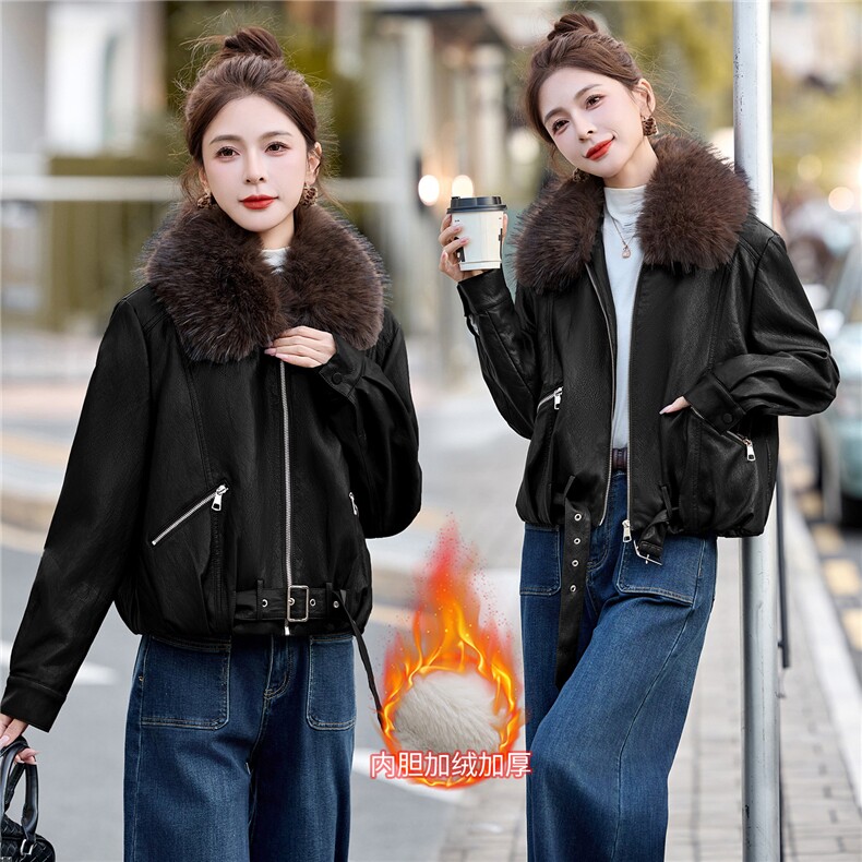2025年冬季新款现货时尚潮流加绒保暖皮衣外套（毛领可脱卸）,女装皮衣,臻衣坊