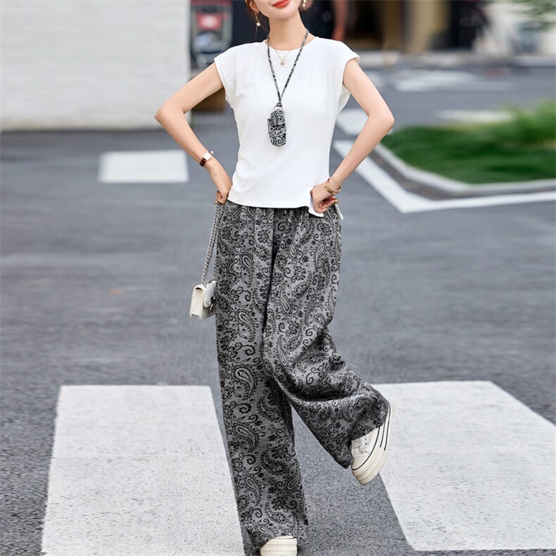 三件套2025夏季新款韩版宽松百搭T恤松紧腰提花阔腿裤女显瘦长裤，女装套装/套裙，美拉德工厂直营店