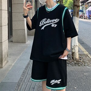 纯棉夏季短袖T恤套装青少年宽松潮流篮球服两件套男装F311P58图片