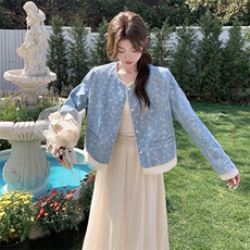 小香风蓝色亮片外套短款女春秋2025新款韩版宽松小个子夹克衫上衣，女装短外套，浙宝208A