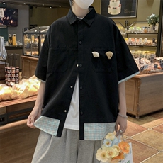 日系ins潮流休闲帅气短袖拼接小熊衬衫原宿风衬衫男W3137-P38，男装衬衫，星座512-2