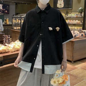 日系ins潮流休闲帅气短袖拼接小熊衬衫原宿风衬衫男 W3137-P38图片
