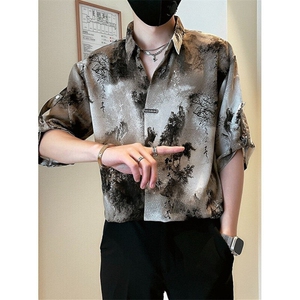 新中式风衬衫男短袖休闲痞帅水墨扎染衬衣男士夏装上衣 CA683图片