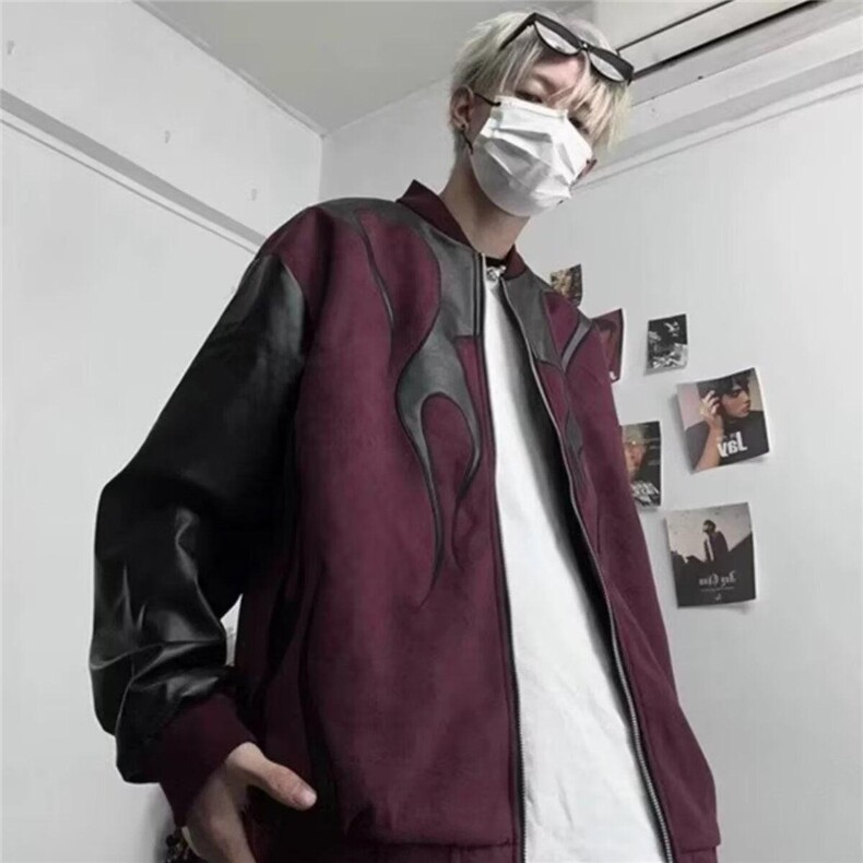 欧美高街拼接撞色春秋夹克男复古潮牌宽松痞帅休闲款个性上衣外套图片