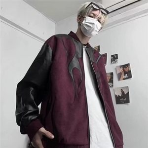 欧美高街拼接撞色春秋夹克男复古潮牌宽松痞帅休闲款个性上衣外套图片