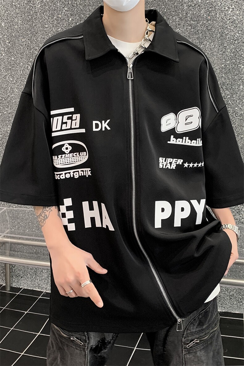 405A高街美式设计感拉链装饰印花衬衫短袖T恤CS03-P45控68,男装T恤,星座405A
