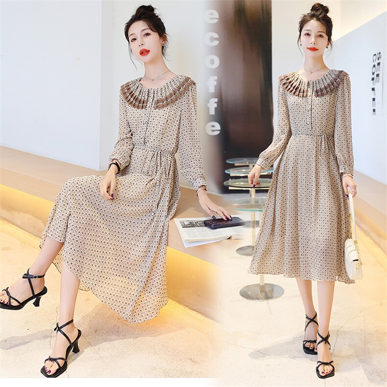 奥特莱斯BAO款雪纺连衣裙女春夏精致碎花长袖纱料裙子，女装连衣裙，星宇服饰