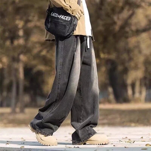 美式水洗牛仔裤男直筒高街秋冬季阔腿休闲裤大码潮牌青少年裤子图片