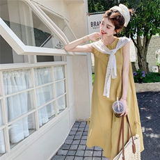 法式温柔气质鱼尾裙甜美休闲黄色无袖宽松背心连衣裙女夏，女装连衣裙，2C166