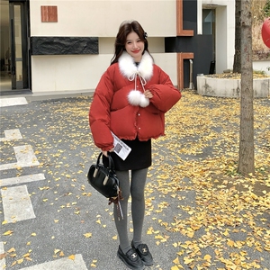 新款现！真狐狸毛保暖红色羽绒服外套2C133-6012-P285-K408图片