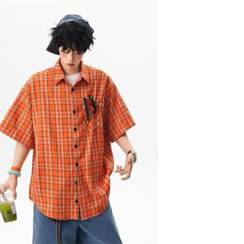 夏日多巴胺橙色格纹短袖衬衫女潮牌复古街头宽松百搭衬衣,男装T恤,星座302B