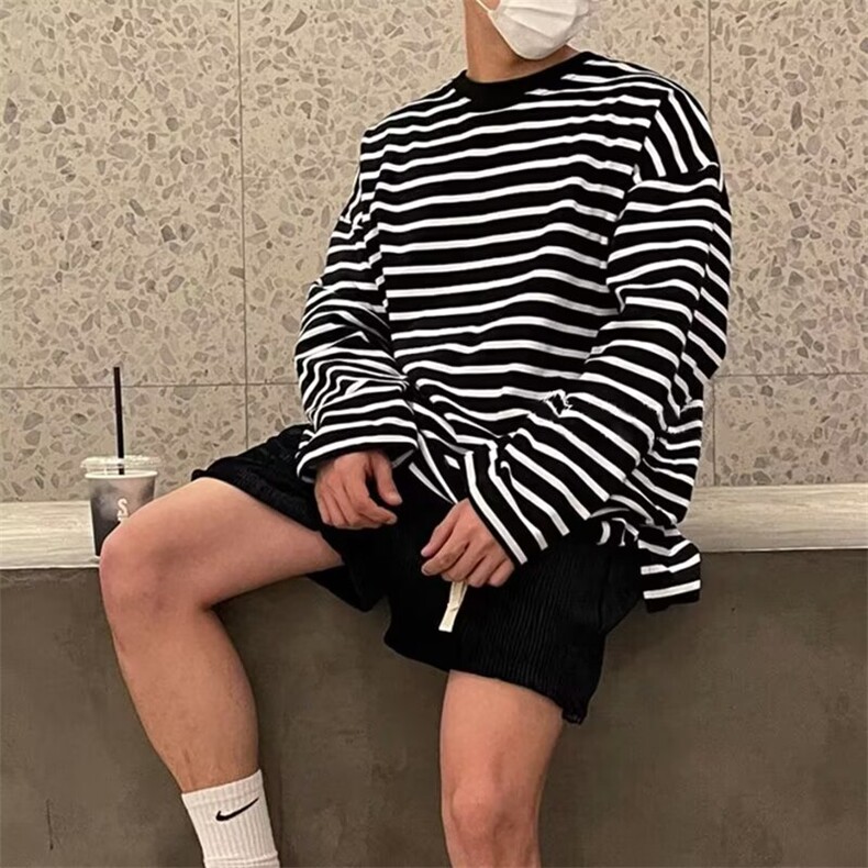 条纹上衣男士长袖t恤春夏季百搭休闲衣服男生潮流圆领修身打底衫,男装T恤,星座506A
