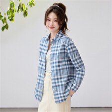 2026春夏新款蓝白格纹衬衫女学院风宽松慵懒风叠穿衬衣透气纯棉，女装衬衫，艾米
