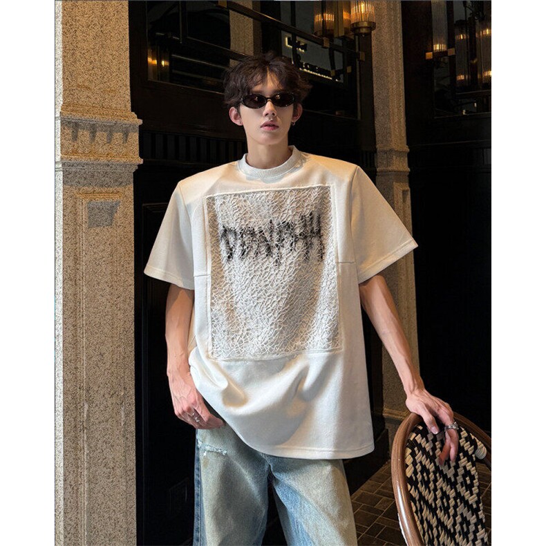 25设计感手工网格喷绘男士拼接垫肩短袖T恤dx197-p78,男装T恤,电商B288
