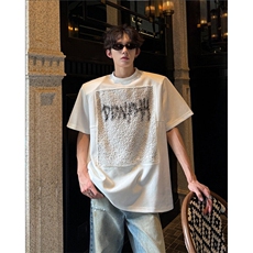 25设计感手工网格喷绘男士拼接垫肩短袖T恤dx197-p78，男装T恤，电商B288